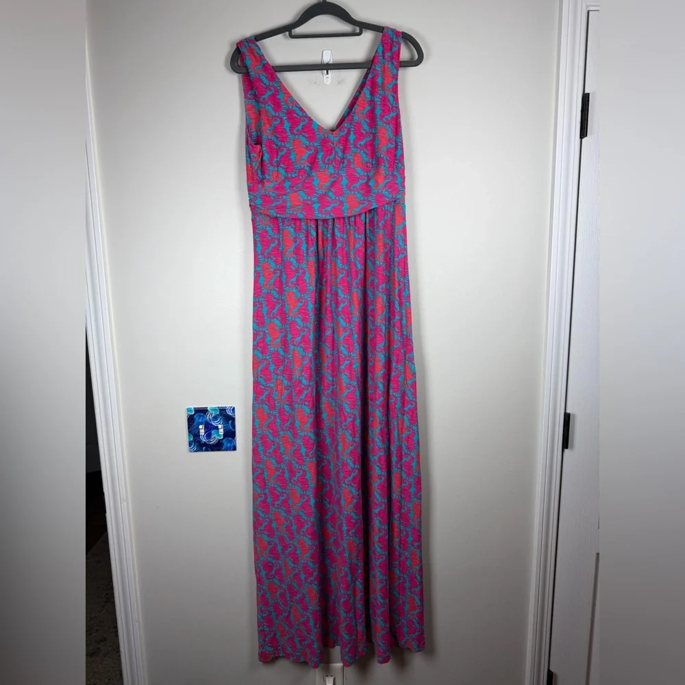 Lilly Pulitzer SLOANE Pink Blue Seahorse Print Maxi Dress Medium Cotton Nautical - Picture 3 of 10